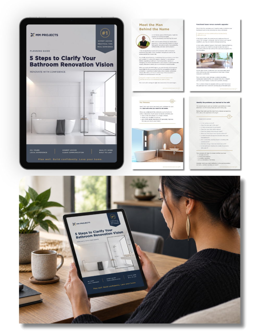 Ipad displaying the 5 steps to clarify your bathroom renovation vision ebook.