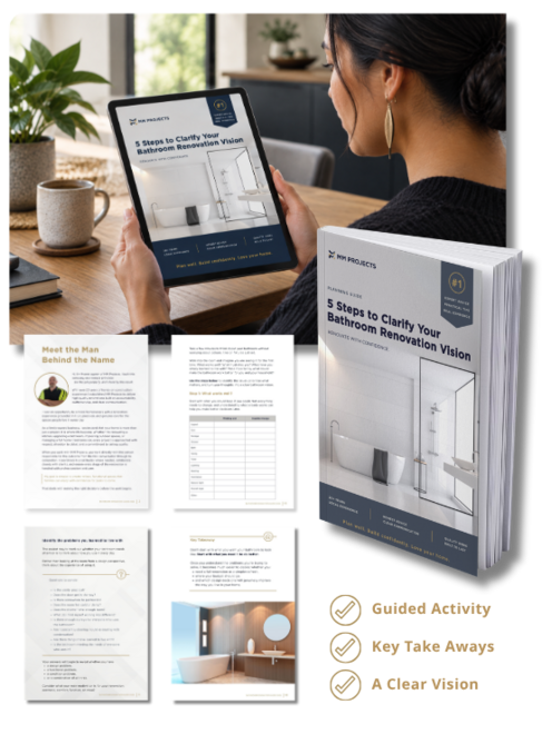 Woman holding an iPad that has the 5 steps to clarify your bathroom renovation vision ebook.